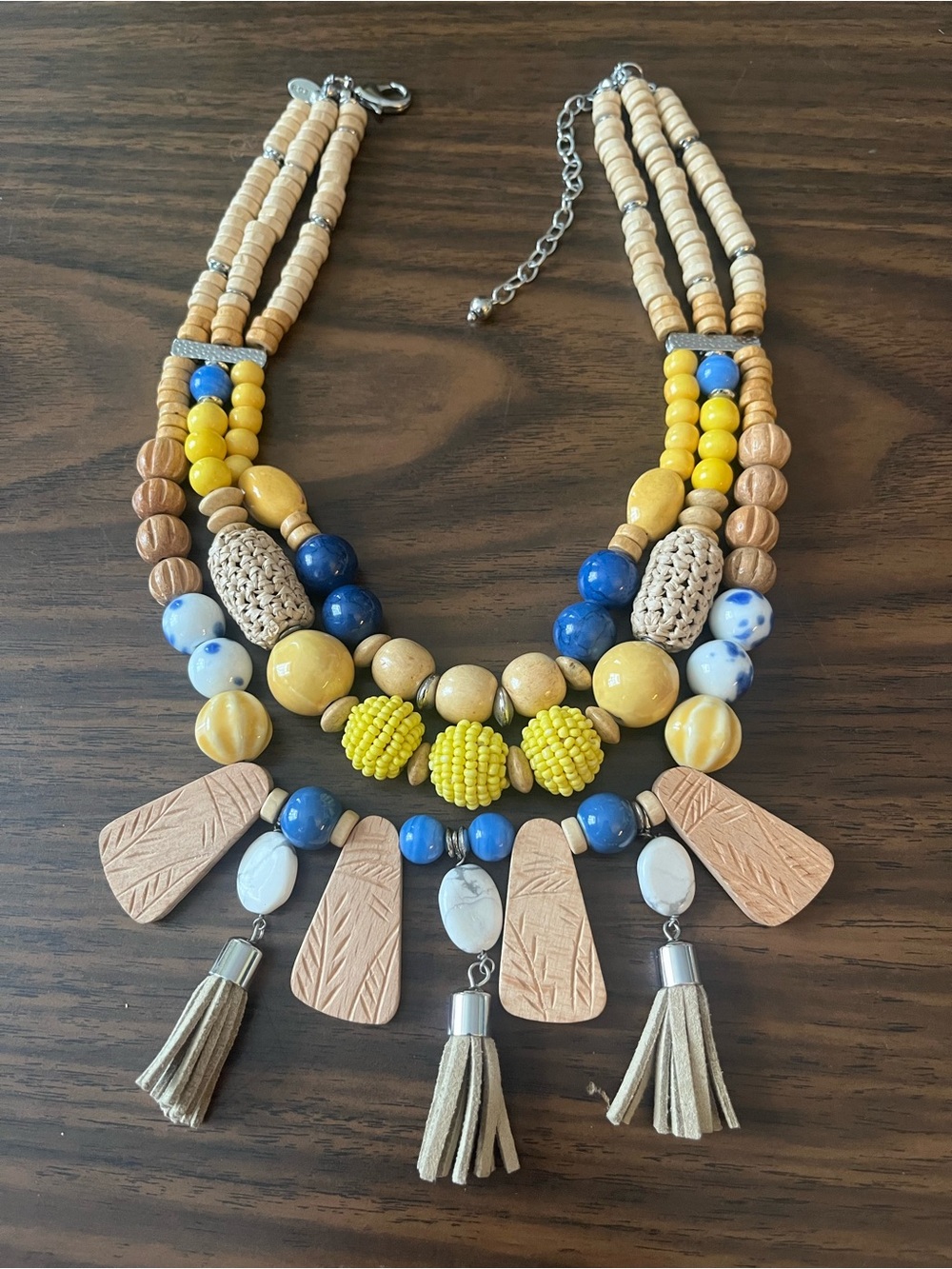 Chico’s Yellow and Blue Statement Necklace with Wooden Beads and Tassels